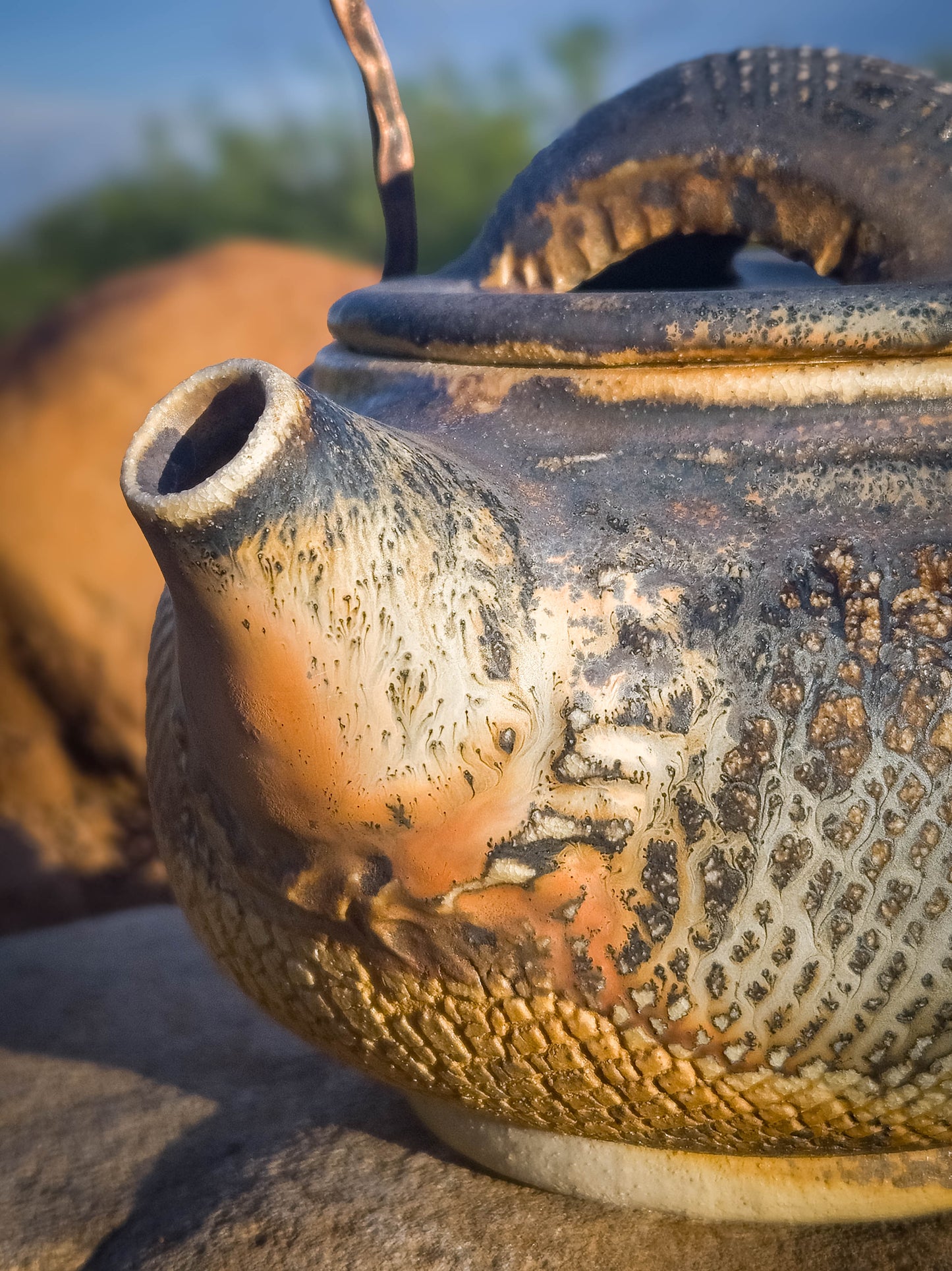 Wood Fire Teapot with Copper Handle by Dirt Creature Pottery